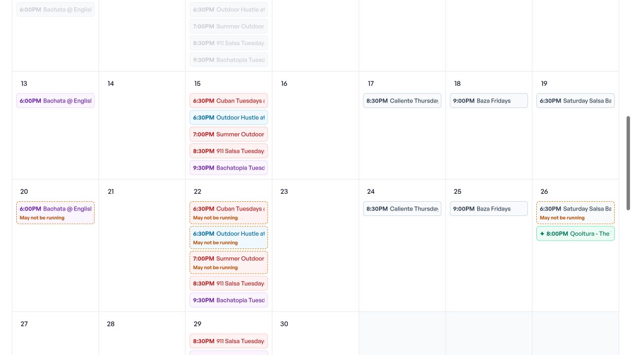 Vancouver calendar showing upcoming salsa and bachata events